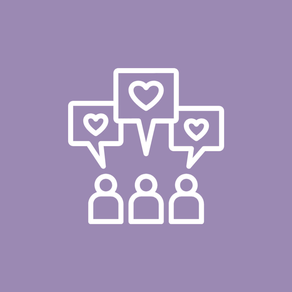 White icon showing three people with heart speech bubbles above them on a lavender background, symbolizing community connection and shared crochet love.