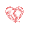 A red line-art illustration of a heart made entirely from intertwined strands of yarn. The yarn wraps and overlaps to form the full heart shape, with a small loose tail extending from the bottom right. The detailed linework creates a warm, handcrafted feel, symbolizing love, care, generosity, and the emotional connection behind handmade gifts. This is the emblem for the Heart Crafter maker language persona from Yarn Over Hook.