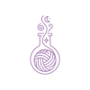 A minimalist line-art illustration of a round glass potion bottle containing a ball of yarn, drawn in soft lavender. Wispy, magical smoke rises from the top of the bottle, forming a swirl, a crescent moon, and a small star. The yarn ball fills the base of the bottle, with clean curved strands creating a sense of texture and movement. The overall style feels mystical and whimsical, representing creativity and experimentation in crochet. This is the emblem for the Pattern Alchemist maker language persona from Yarn Over Hook.