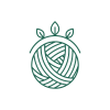 A clean green line-art illustration of a yarn ball topped with an arch and three small leaves. The arch curves gently over the upper portion of the yarn, and the leaves rise from the top center, suggesting balance, mindfulness, and natural calm. The yarn ball’s overlapping strands are neatly drawn, creating a soothing, organized pattern that reflects the grounded, meditative nature of the Stitch Sage persona. This is the emblem for the Stitch Sage maker language persona from Yarn Over Hook.