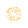 A bold gold line-art illustration of a yarn ball struck through the center with a lightning bolt. Radiating short lines encircle the yarn ball like energetic sparks, emphasizing movement, action, and intensity. The yarn’s crisscrossing strands create a dynamic texture, aligning with the high-energy, unstoppable spirit of the WIP Warrior persona. This is the emblem for the WIP Warrior maker language persona from Yarn Over Hook.