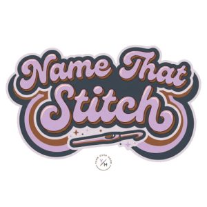 Name That Stitch logo featuring retro-style lettering with a crochet hook, part of the Yarn Over Hook crochet game series.