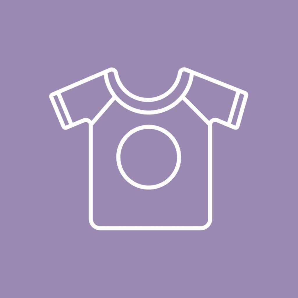 White outline icon of a short-sleeve children’s shirt on a lavender background, representing crochet patterns for kids’ clothing.