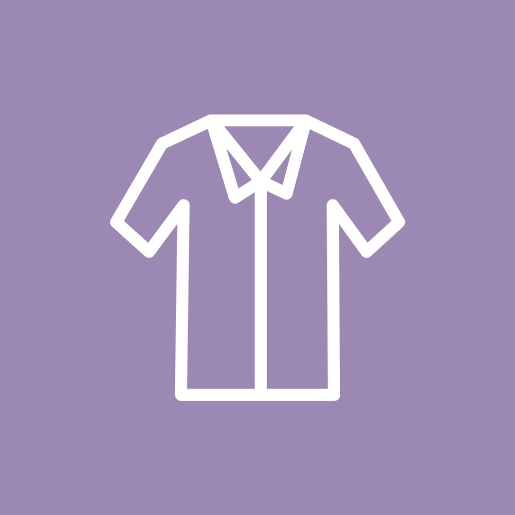 White outline icon of a collared men’s shirt on a lavender background, representing crochet patterns for men’s apparel.