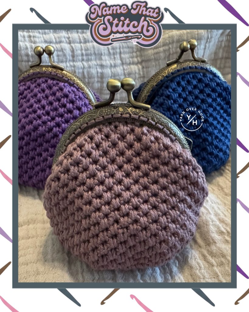 Close-up of three crocheted coin purses with metal clasps in purple, mauve, and blue yarn, displayed as the Name That Stitch daily crochet puzzle.