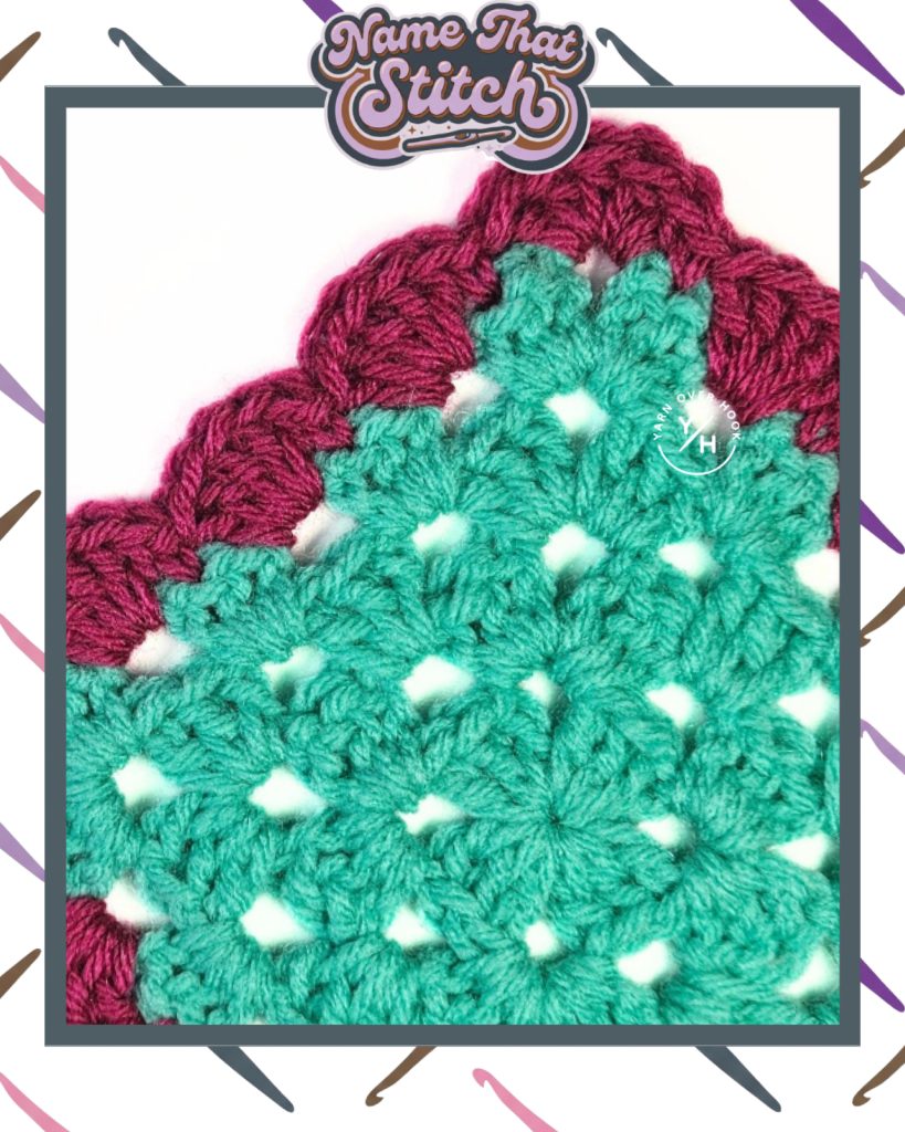 Close-up of a crocheted fabric featuring clustered stitch motifs in teal yarn with contrasting burgundy edging, shown as part of the Name That Stitch daily crochet puzzle.