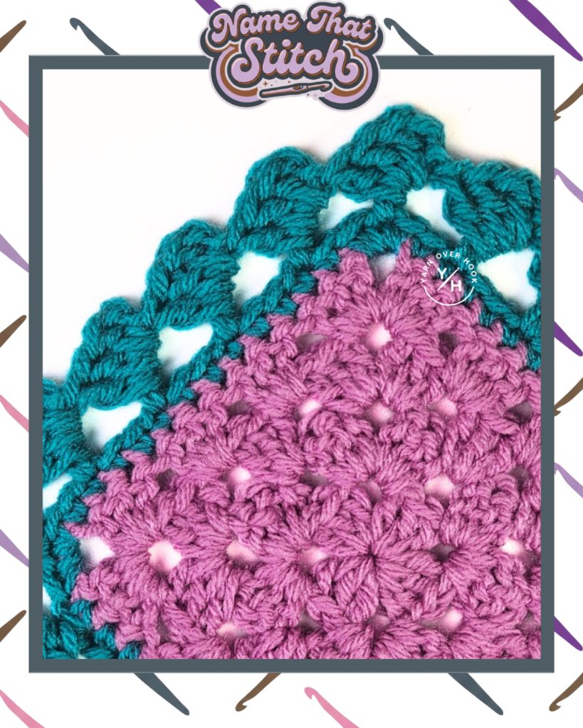 Close-up of a crocheted motif with clustered stitch texture in pink yarn and a contrasting teal scalloped edge, featured as part of the Name That Stitch daily crochet puzzle.