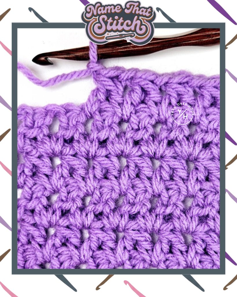Close-up of a crocheted fabric showing a repeating textured stitch pattern in purple yarn, featured as part of the Name That Stitch daily crochet puzzle.