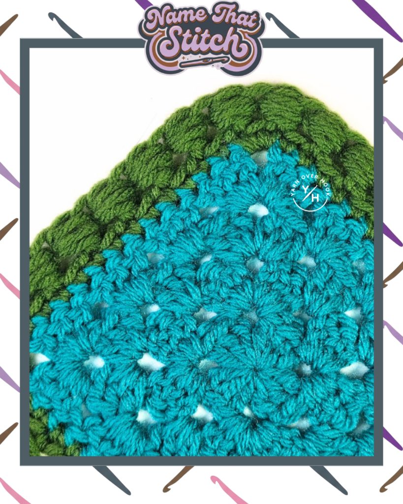 Close-up of a crocheted motif featuring layered stitch clusters in teal yarn with a contrasting green edge, featured as part of the Name That Stitch daily crochet puzzle.