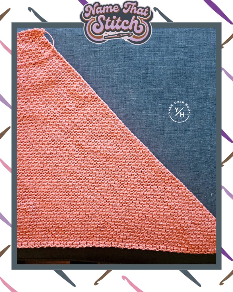 Close-up of a crocheted fabric with a dense, repeating textured stitch pattern in coral yarn, featured as part of the Name That Stitch daily crochet puzzle.