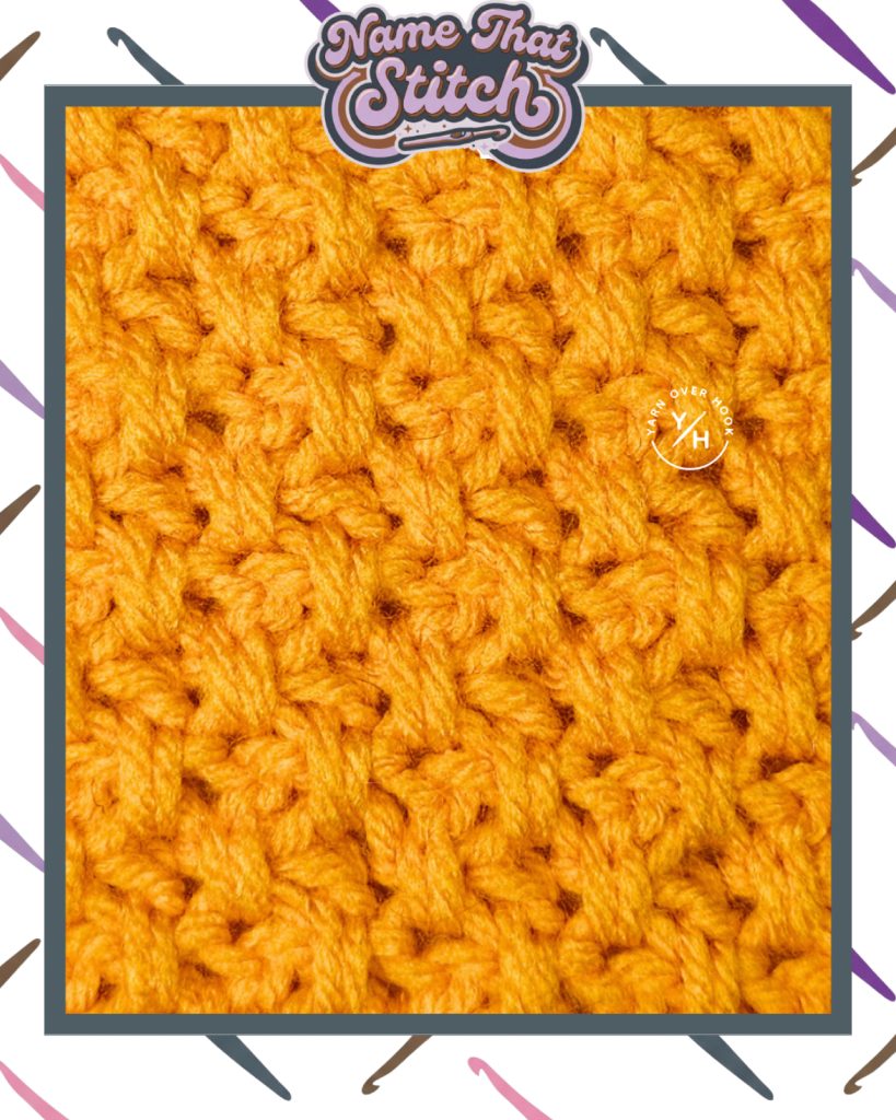 Close-up of a crocheted fabric displaying a repeating raised stitch pattern in mustard yellow yarn, featured as part of the Name That Stitch daily crochet puzzle.