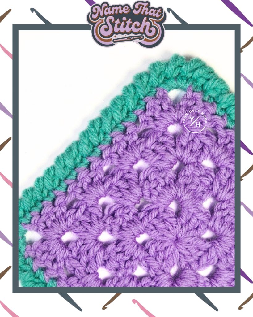 Close-up of a crocheted motif featuring clustered stitch texture in purple yarn with a contrasting green edge, featured as part of the Name That Stitch daily crochet puzzle. View more at NameThatStitch.com