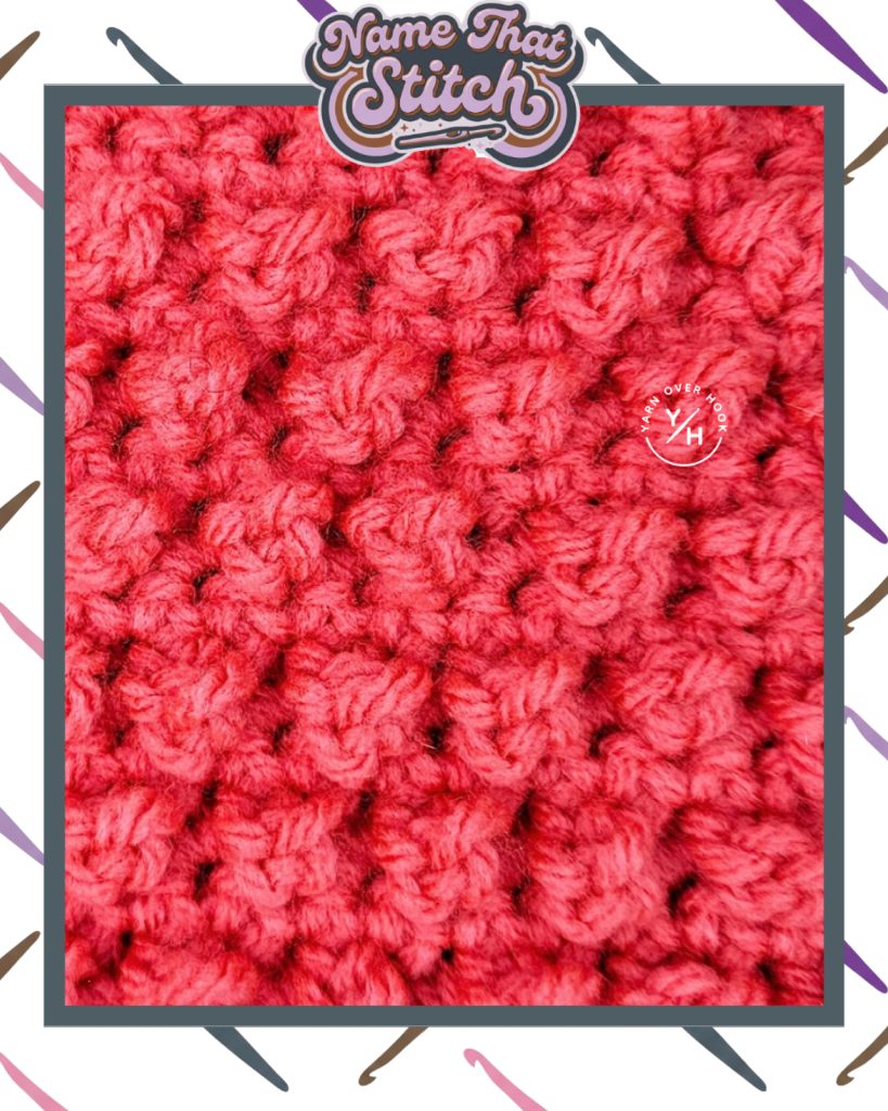Close-up of a crocheted fabric with a dense, repeating textured stitch pattern in bright red yarn, featured as part of the Name That Stitch daily crochet puzzle. View more at NameThatStitch.com