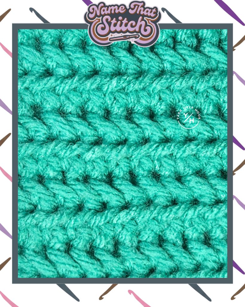 Close-up of a crocheted fabric featuring horizontal rows of a textured stitch pattern in teal yarn, shown as part of the Name That Stitch daily crochet puzzle. View more at NameThatStitch.com