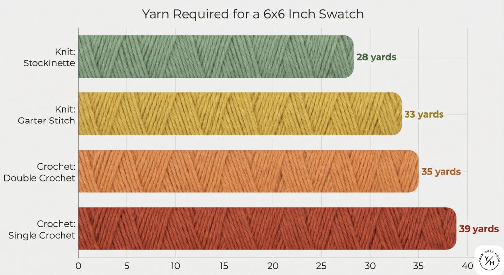 Horizontal bar chart titled 'Yarn Required for a 6x6 Inch Swatch' comparing yarn consumption across four stitch types. The data shows: Knit Stockinette (green bar) uses 28 yards; Knit Garter Stitch (yellow bar) uses 33 yards; Crochet Double Crochet (orange bar) uses 35 yards; and Crochet Single Crochet (red bar) uses 39 yards.
