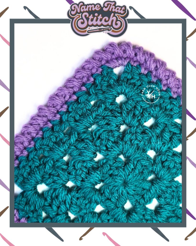 Close-up of a crocheted corner showing a textured stitch pattern in teal yarn with a contrasting purple border, presented as part of the Name That Stitch daily crochet puzzle. View more at NameThatStitch.com