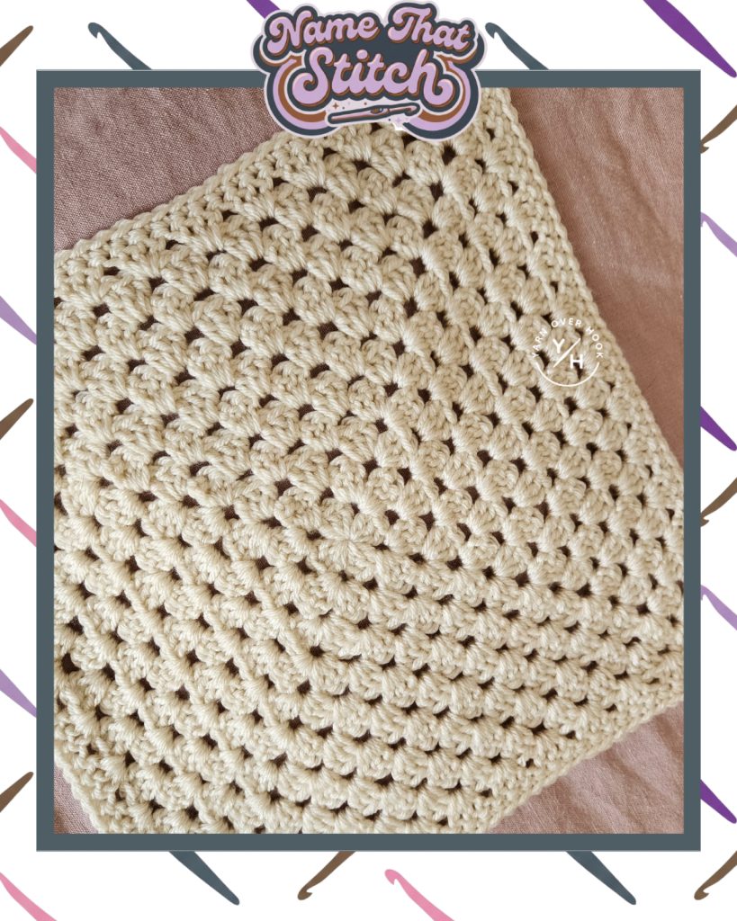 Close-up of a crocheted fabric showing a dense, repeating textured stitch pattern in a cream colored yarn, featured as part of the Name That Stitch daily crochet puzzle. View more at NameThatStitch.com