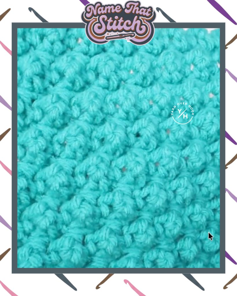 Close-up of a crocheted fabric displaying a textured, repeating stitch pattern worked in a sky blue yarn, featured as part of the Name That Stitch daily crochet puzzle. View more at NameThatStitch.com