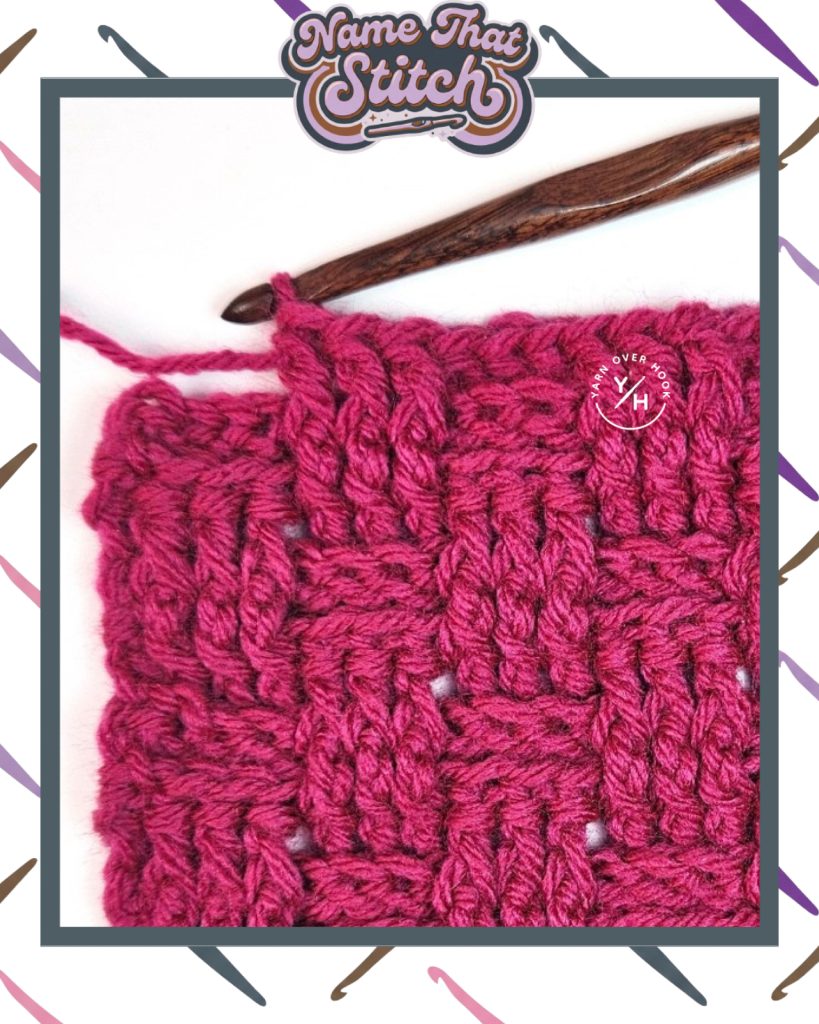 Close-up of a crocheted fabric displaying a repeating stitch pattern worked in a purple yarn, featured as part of the Name That Stitch daily crochet puzzle. View more at NameThatStitch.com