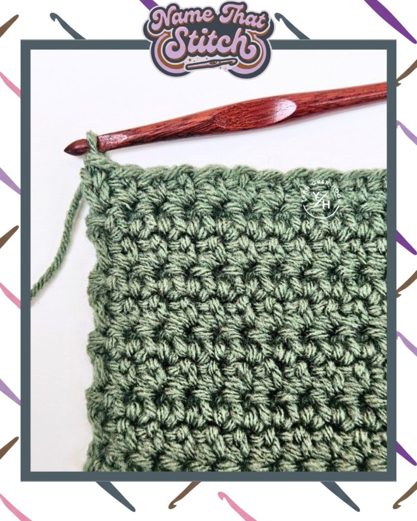 Close-up of a crocheted fabric displaying a repeating stitch pattern worked in a green yarn, featured as part of the Name That Stitch daily crochet puzzle. View more at NameThatStitch.com