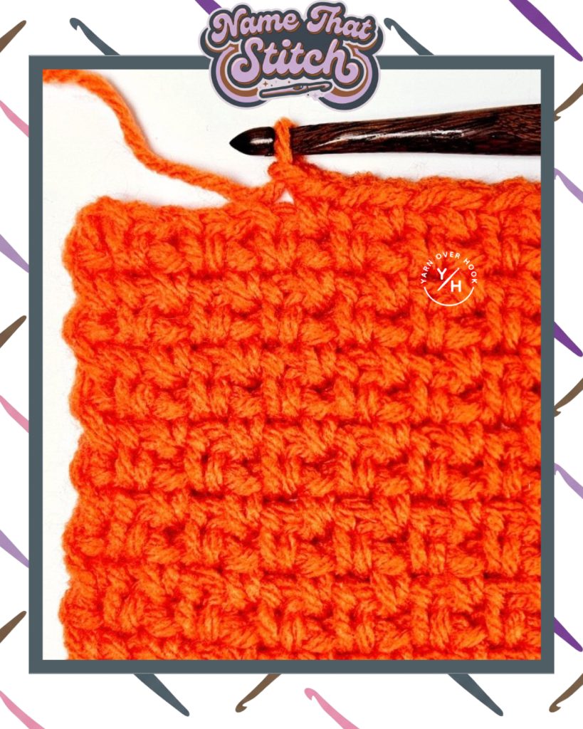 Close-up of a crocheted fabric displaying a repeating stitch pattern worked in an orange yarn, featured as part of the Name That Stitch daily crochet puzzle. View more at NameThatStitch.com