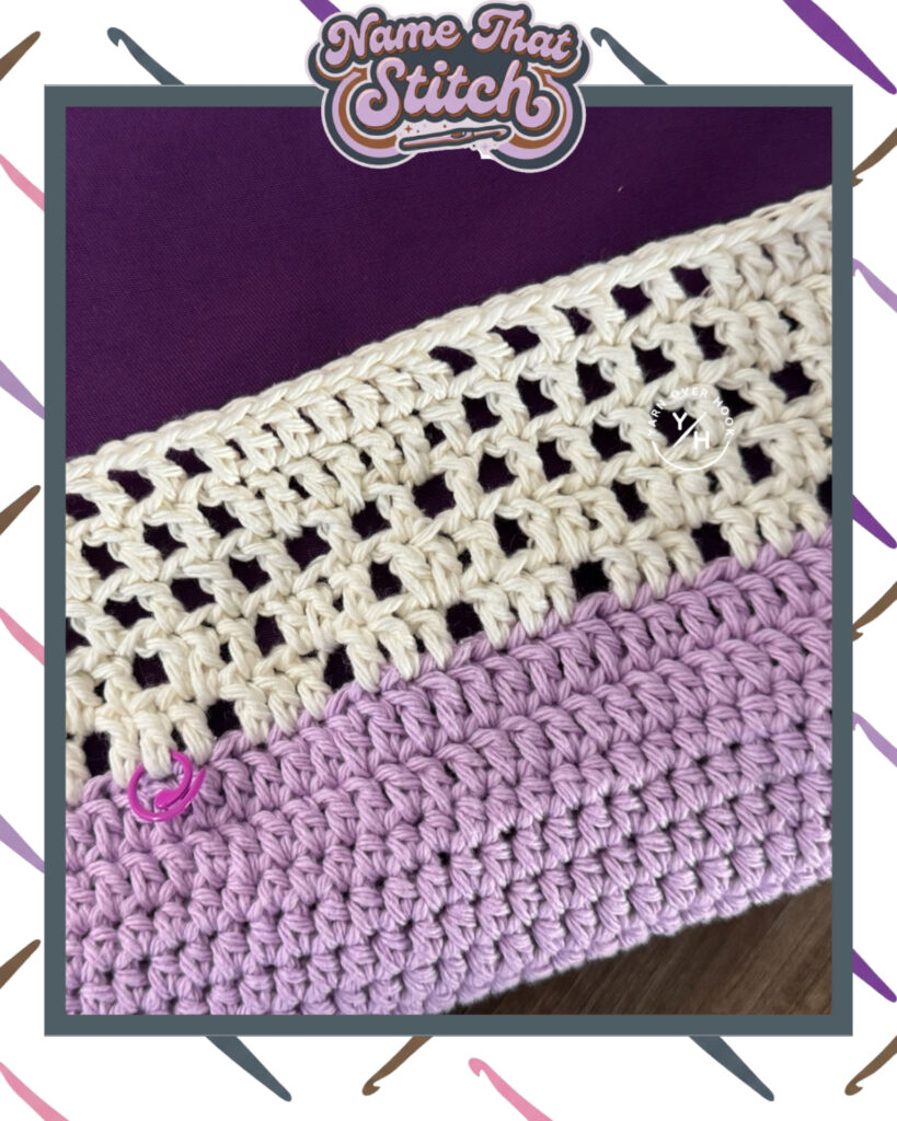 Close-up of a crocheted fabric showing an open, lacy stitch pattern in cream yarn above a dense textured section in lavender yarn, featured as part of the Name That Stitch daily crochet puzzle. View more at NameThatStitch.com