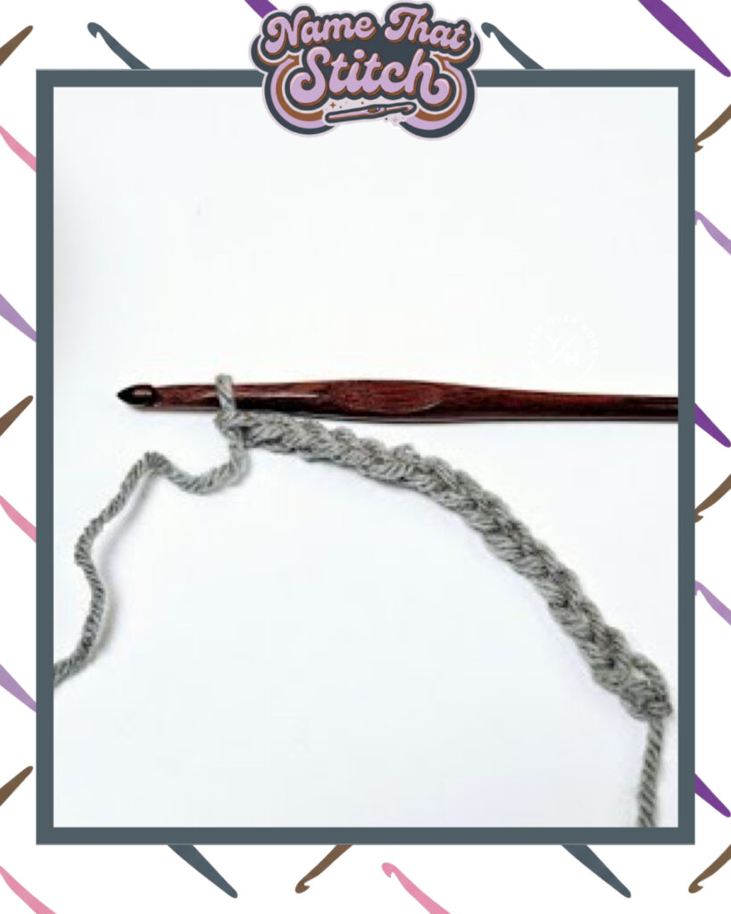 Close-up of a crochet hook holding a short starting chain made with gray yarn on a white background, shown as part of the Name That Stitch daily crochet puzzle. View more at NameThatStitch.com.
