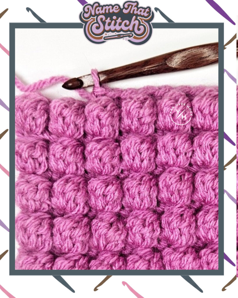 Close-up of a crocheted fabric displaying a repeating stitch pattern worked in pink yarn, with a wooden crochet hook and featured as part of the Name That Stitch daily crochet puzzle. View more at NameThatStitch.com