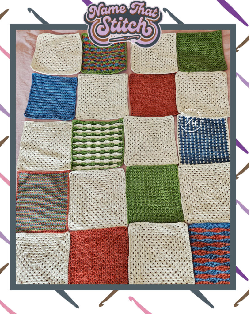 Overhead view of a patchwork-style crochet layout featuring multiple square swatches in cream, green, blue, and rust tones, each showcasing different stitch textures and patterns, displayed for a Name That Stitch crochet puzzle. View more at NameThatStitch.com