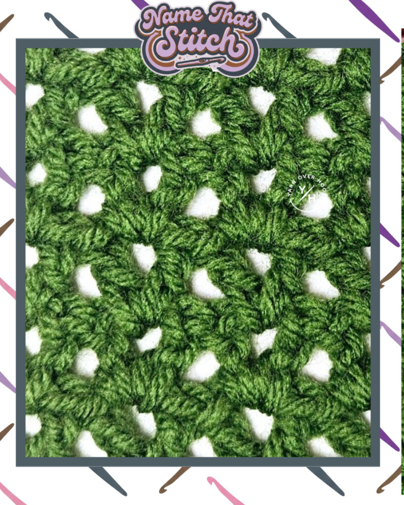 Close-up of a crocheted fabric displaying a repeating stitch pattern worked in green yarn, with a wooden crochet hook and featured as part of the Name That Stitch daily crochet puzzle. View more at NameThatStitch.com