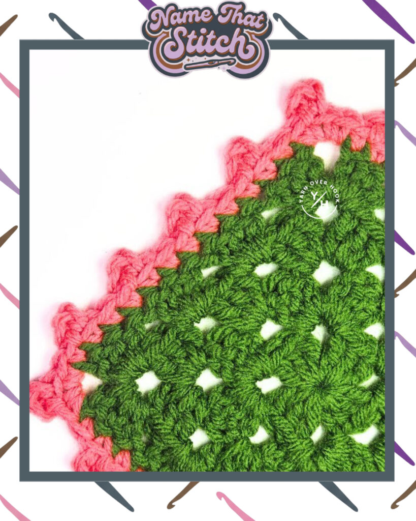Close-up of a green crochet motif made of clustered stitches forming small open spaces, bordered with a scalloped pink edging, shown for a Name That Stitch daily crochet puzzle. View more at NameThatStitch.com.
