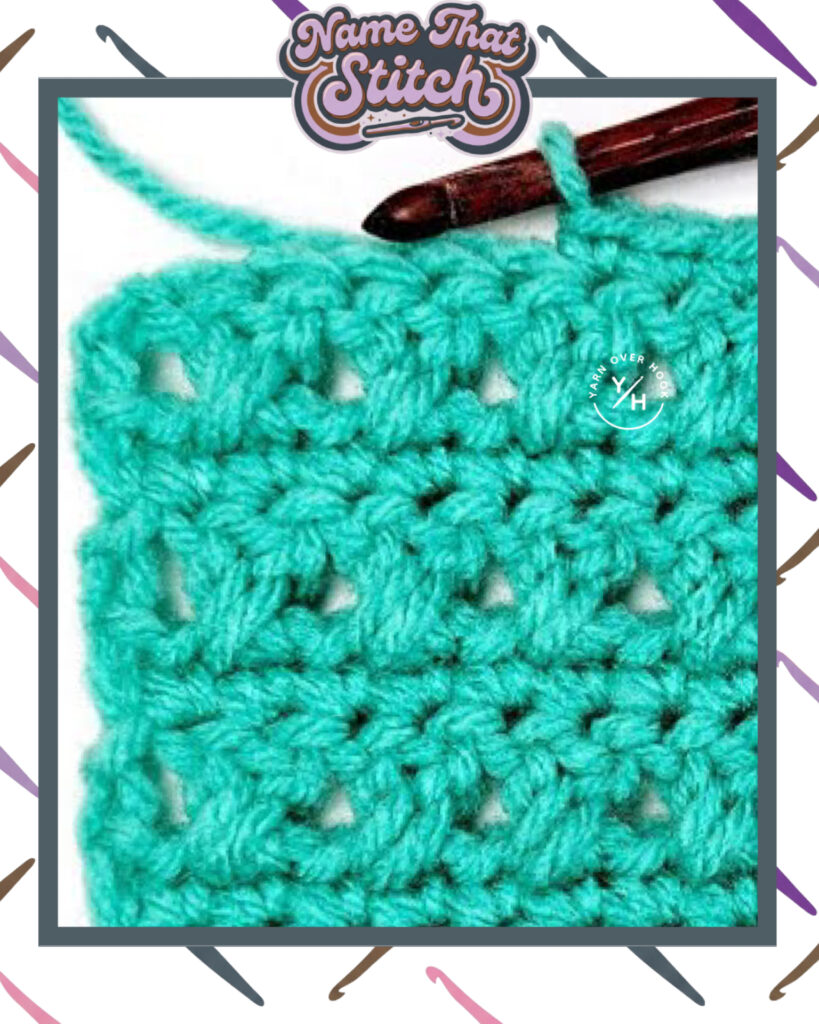 Close-up of a crocheted fabric displaying a repeating stitch pattern worked in teal yarn, with a wooden crochet hook and featured as part of the Name That Stitch daily crochet puzzle. View more at NameThatStitch.com