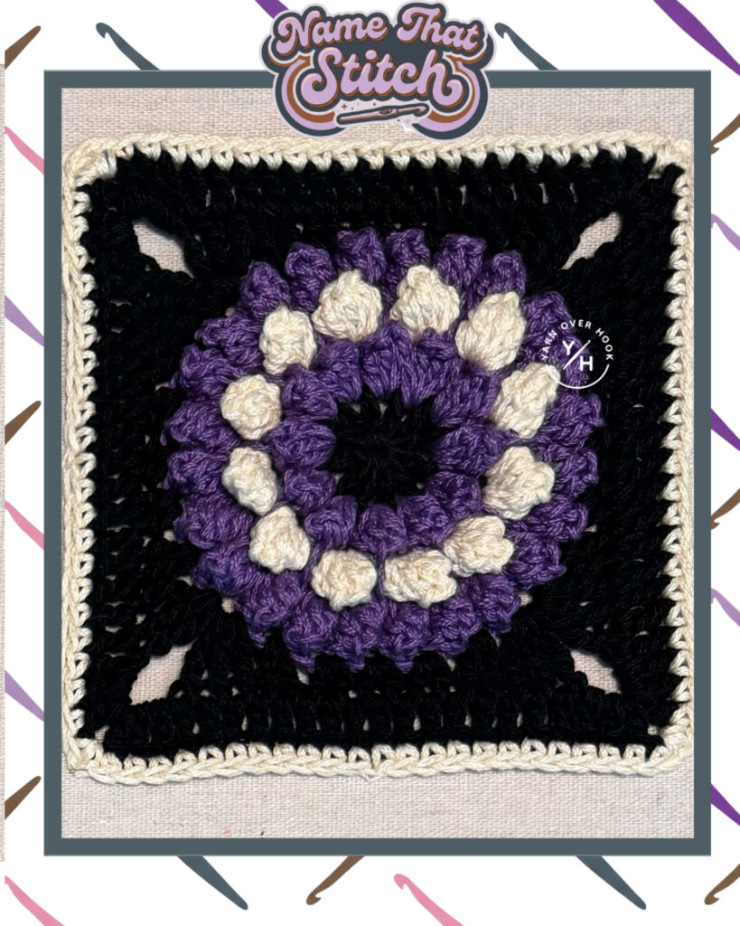 Name That Stitch game card showing a black crochet square motif with purple textured stitches and raised cream bobble accents arranged in a circular flower design with Yarn Over Hook branding. View more at NameThatStitch.com