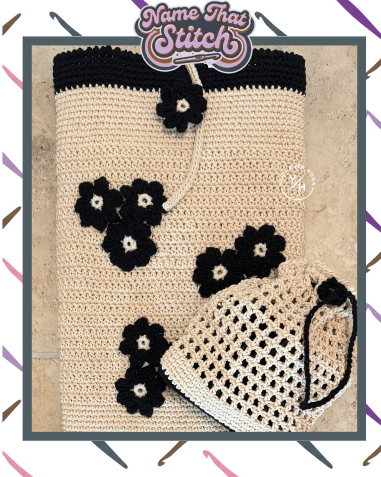 Name That Stitch game card showing a cream crochet bag and matching mesh pouch decorated with black flower appliqués on a light stone background with Yarn Over Hook branding. View more at NameThatStitch.com