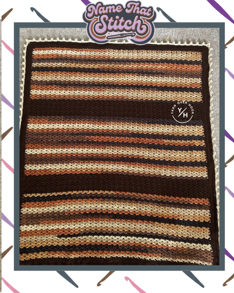 Name That Stitch game card showing a striped crochet blanket in shades of cream, tan, rust, brown, and black with textured rows and a dark border with Yarn Over Hook branding. View more at NameThatStitch.com