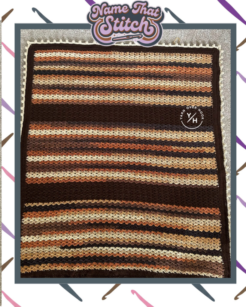 Name That Stitch game card showing a striped crochet blanket in shades of cream, tan, rust, brown, and black with textured rows and a dark border with Yarn Over Hook branding. View more at NameThatStitch.com