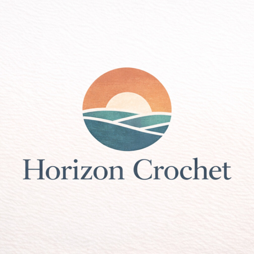 Horizon Crochet logo with circular horizon icon, brand name, and the tagline “Calm Crochet • Cozy Chats • Creative Moments.