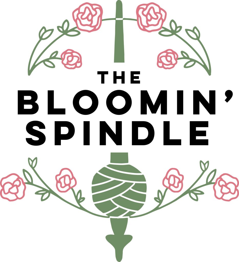 The Bloomin’ Spindle logo featuring bold black text, a green spindle with a yarn ball, and pink floral vines framing the design.