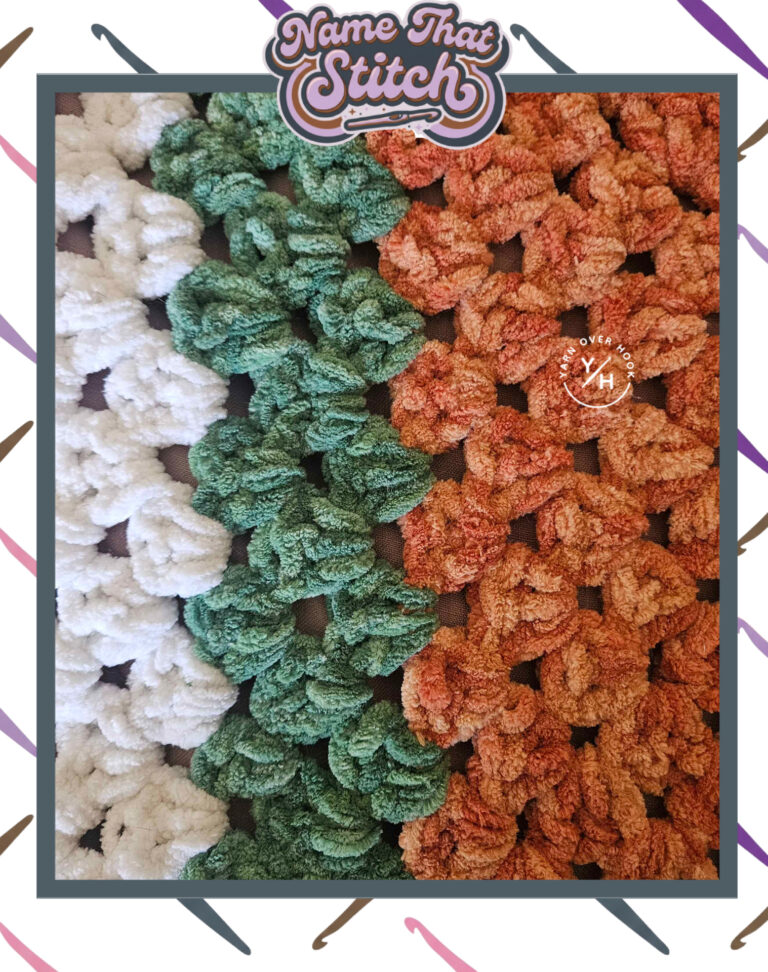 Close-up of plush crocheted fabric displaying a repeating textured pattern worked in cream, green, and variegated orange yarn, featured as part of the Name That Stitch daily crochet puzzle. View more at NameThatStitch.com