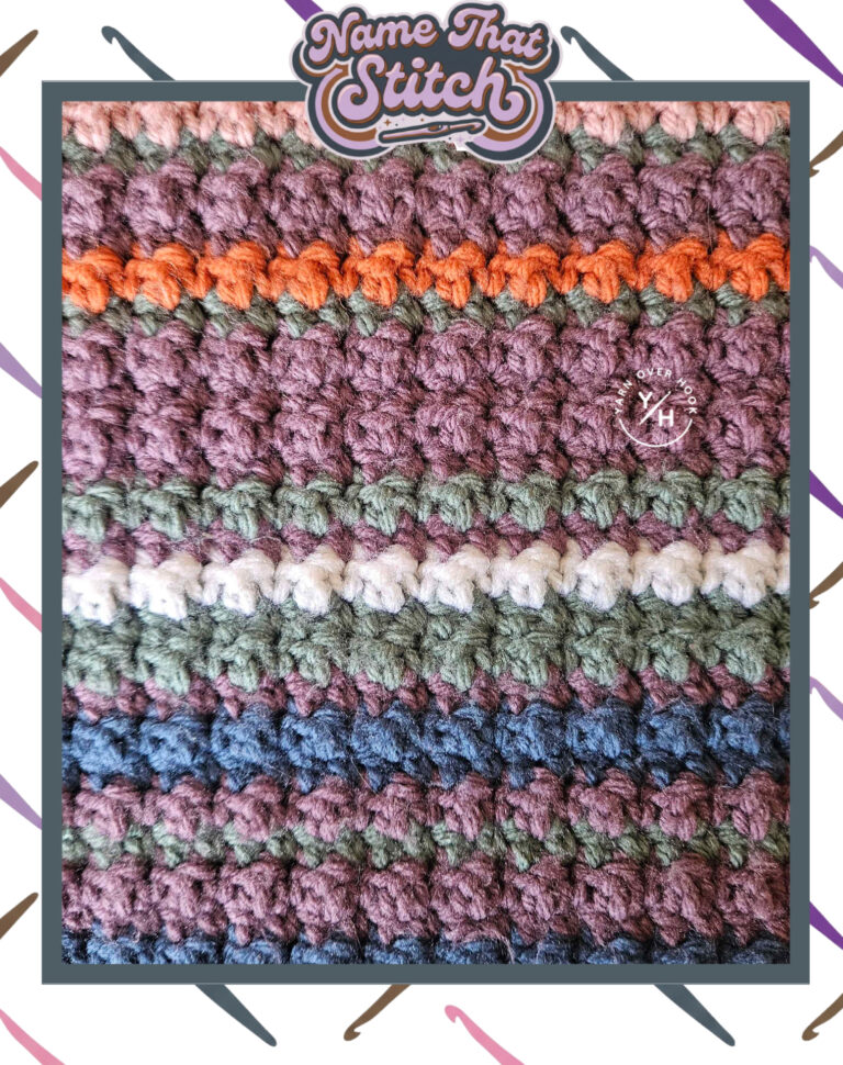 Close-up of a crocheted fabric displaying striped rows of textured stitches worked in purple, orange, green, blue, cream, and pink yarn, featured as part of the Name That Stitch daily crochet puzzle. View more at NameThatStitch.com