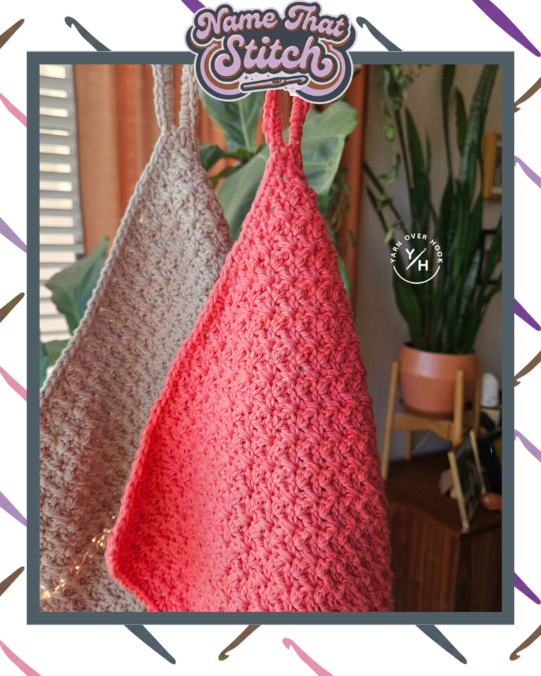 Close-up of two crocheted hanging towels worked in neutral beige and coral pink yarn, displaying a repeating textured stitch pattern and featured as part of the Name That Stitch daily crochet puzzle. View more at NameThatStitch.com