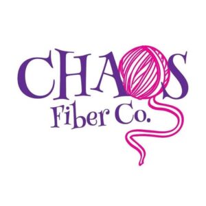 CHAOS Fiber Co logo with purple text and a pink yarn ball graphic forming the letter O.