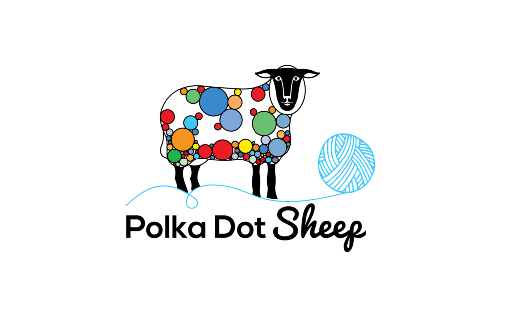 Polka Dot Sheep logo featuring a sheep covered in colorful polka dots, with a blue yarn ball and the words “Polka Dot Sheep” underneath.