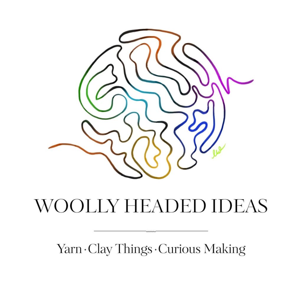 Woolly Headed Ideas logo featuring a colorful yarn-line brain illustration above the text “Yarn · Clay Things · Curious Making.”
