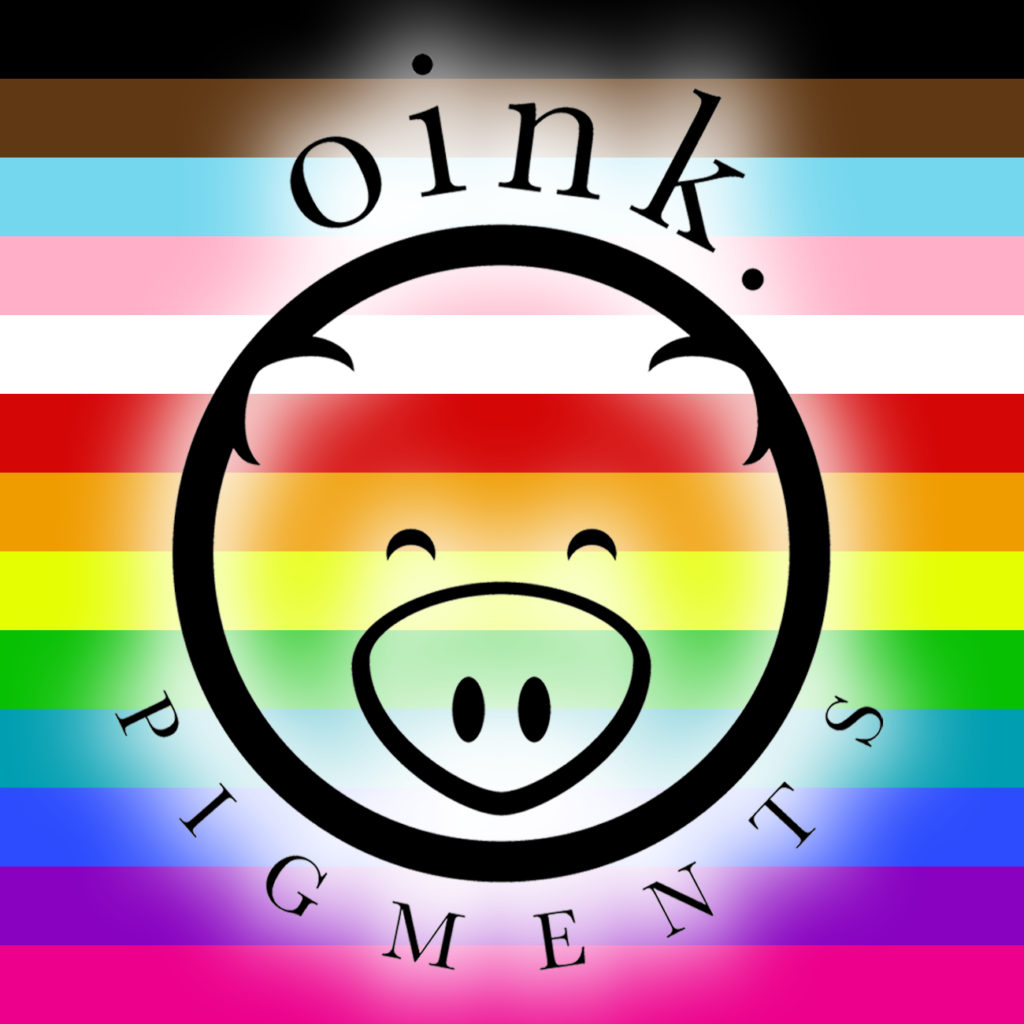 Oink Pigments logo featuring a smiling pig face over a rainbow-striped background.
