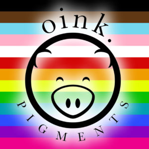Oink Pigments logo featuring a smiling pig face over a rainbow-striped background.