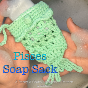 Pisces Soap Sack crochet pattern cover featuring a mint green fish-inspired soap sack with soap for Summer Stash Bash 2026 x S.A.C.K.