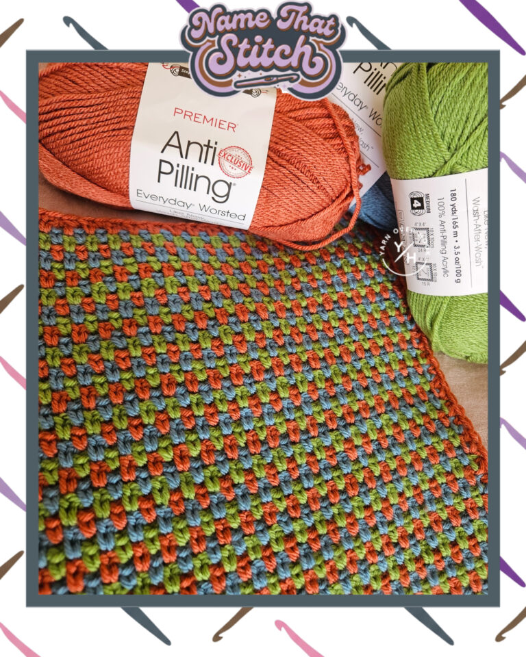 Close-up of a crocheted fabric displaying a repeating multicolored textured stitch pattern worked in orange, blue, and green yarn with coordinating yarn skeins placed above, featured as part of the Name That Stitch daily crochet puzzle. View more at NameThatStitch.com