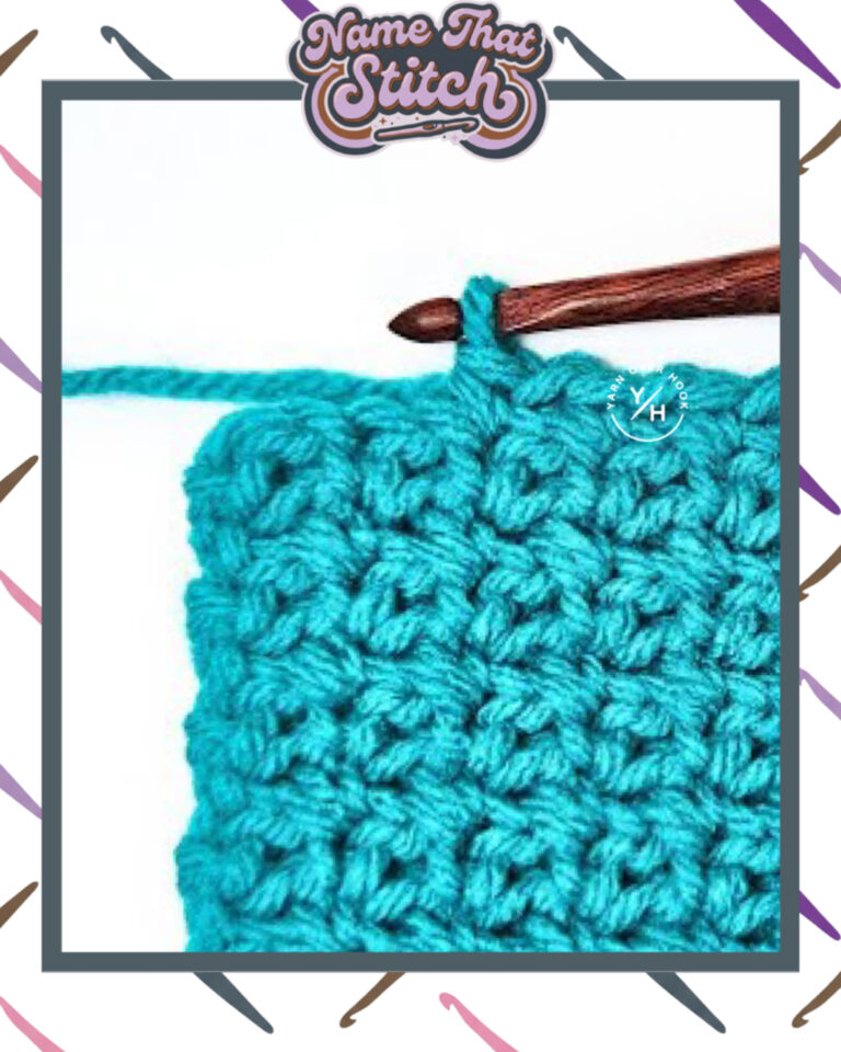 Close-up of a crocheted fabric displaying a repeating stitch pattern worked in teal colored yarn, with a wooden crochet hook and featured as part of the Name That Stitch daily crochet puzzle. View more at NameThatStitch.com