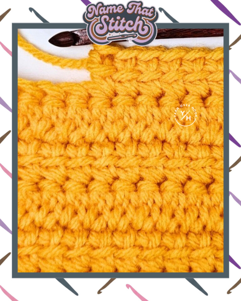 Close-up of a crocheted fabric displaying a repeating stitch pattern worked in yellow colored yarn, with a wooden crochet hook and featured as part of the Name That Stitch daily crochet puzzle. View more at NameThatStitch.com